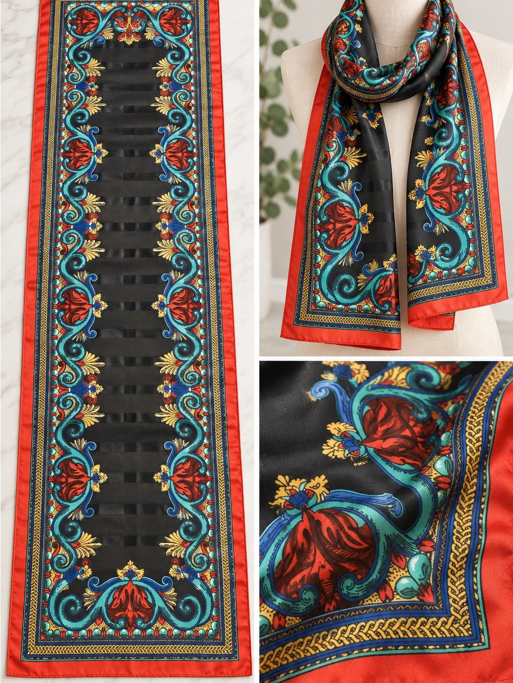 Vintage Long Scarf 53x11 Black Red Teal Gold Ornate Baroque Floral Retro